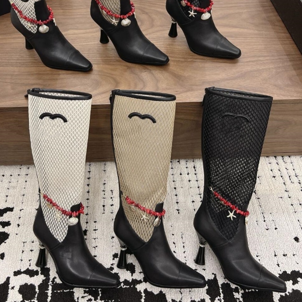 Shoe Designer Luxury Boot Adult Point Toe boots High Heel Mesh Leather Black Charm Chain Red Fashion Dress Party Street Winter Fall Modern Hot Quali