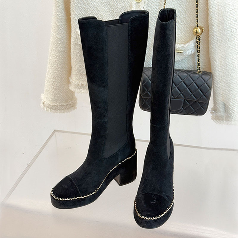 Luxury Black High Cut Womens Chain Edge Binding Boots Classic Pattern Design Elastic Splicing Fashionable Soft Leather Boots Ladies Commuting Street