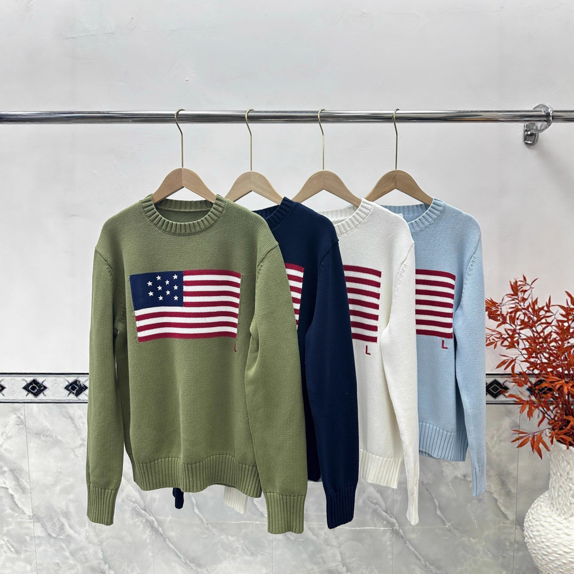 Women's Short Sweaters Retro Flag Sweater Casual Loose Crew Neck Short Long Sleeved Pullover Round Neck Knitted Sweater Autumn And Winter Sweat