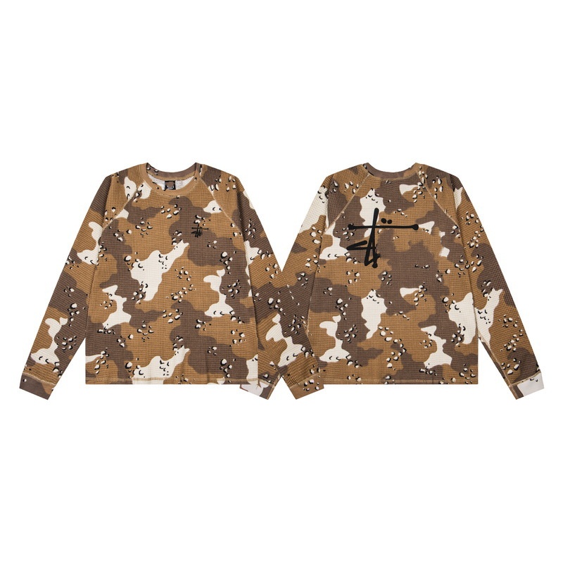 Sweat-shirt en tricot pour hommes, motif gaufré, camouflage, lettres imprimées, pull respirant, ample, Hip Hop, coton, décontracté, col rond, hiv