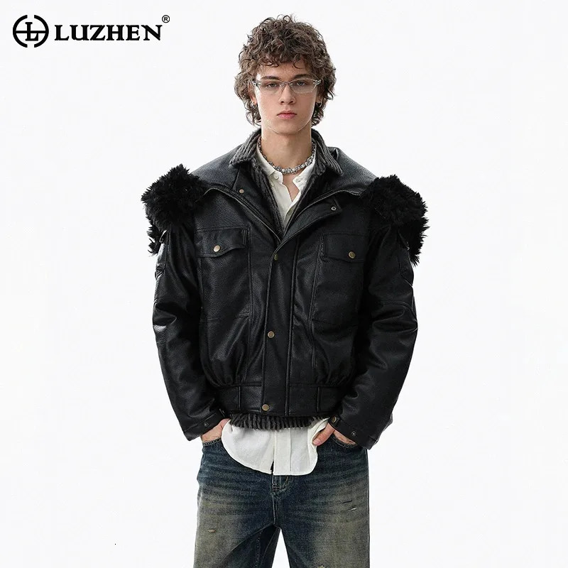 LUZHEN 2025 Winter Original Zipper Splicing Hooded n Padded Leather Jacket Men's Fashion Motorcycles Parka Coat JY5396 260902
