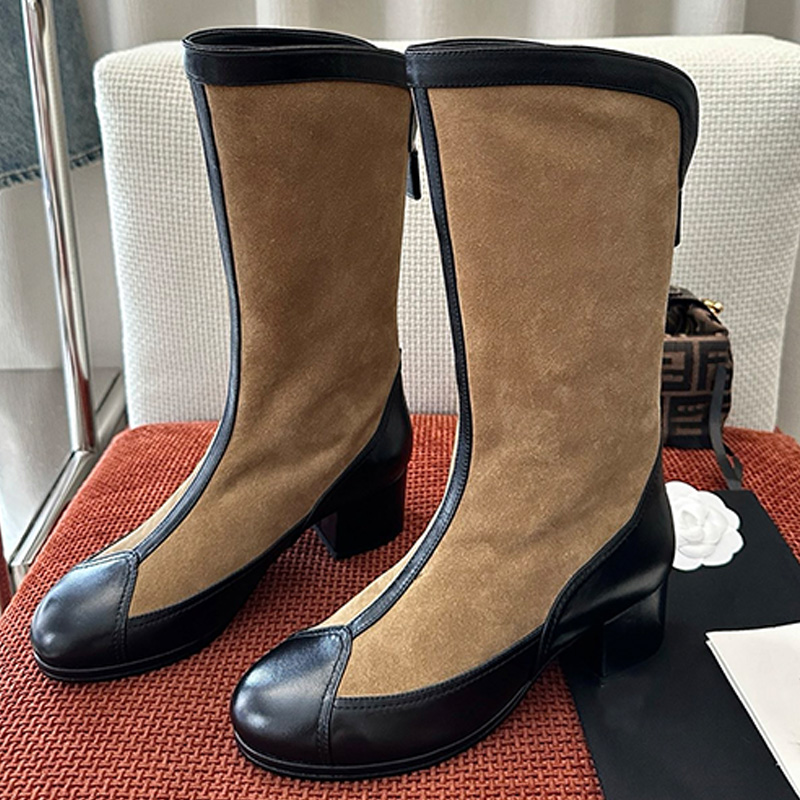 Classic womans high top boots designer personalized apricot suede patchwork sheepskin shoes upper Middle boots womens outdoor daily wear mid top boo