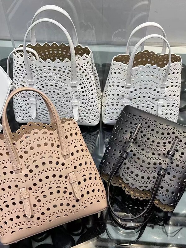 Women Genuine Leather Tote Bag Hollow Out Wavy Edge Laser Cut Top Handle Detachable Strap Shoulder Crossbody French Summer Handbag