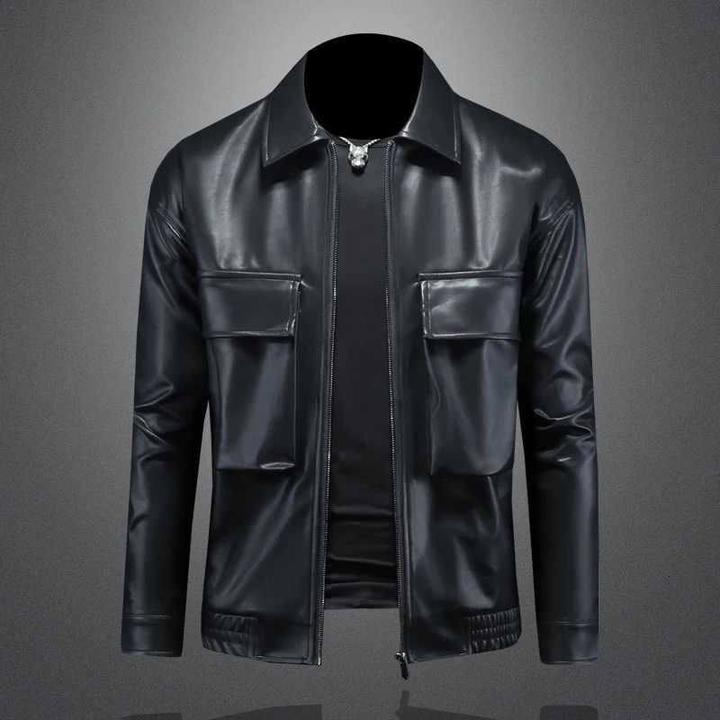 Washable Laux Men's Minglu Jackets Solid Color Turn Down Collar Zipper Casual Faux Leather Man Overcoat 5XL D260902 0a