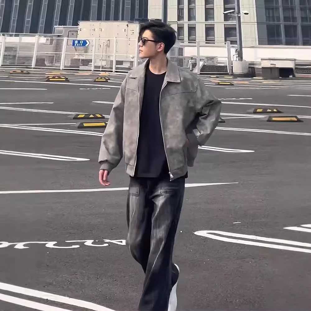 Short Men's Gray Autumn Winter Leather Coat Vintage Turn Down Collar Motorcycle Windproof Long Sleeve Cardigan Jacket D260902 dd
