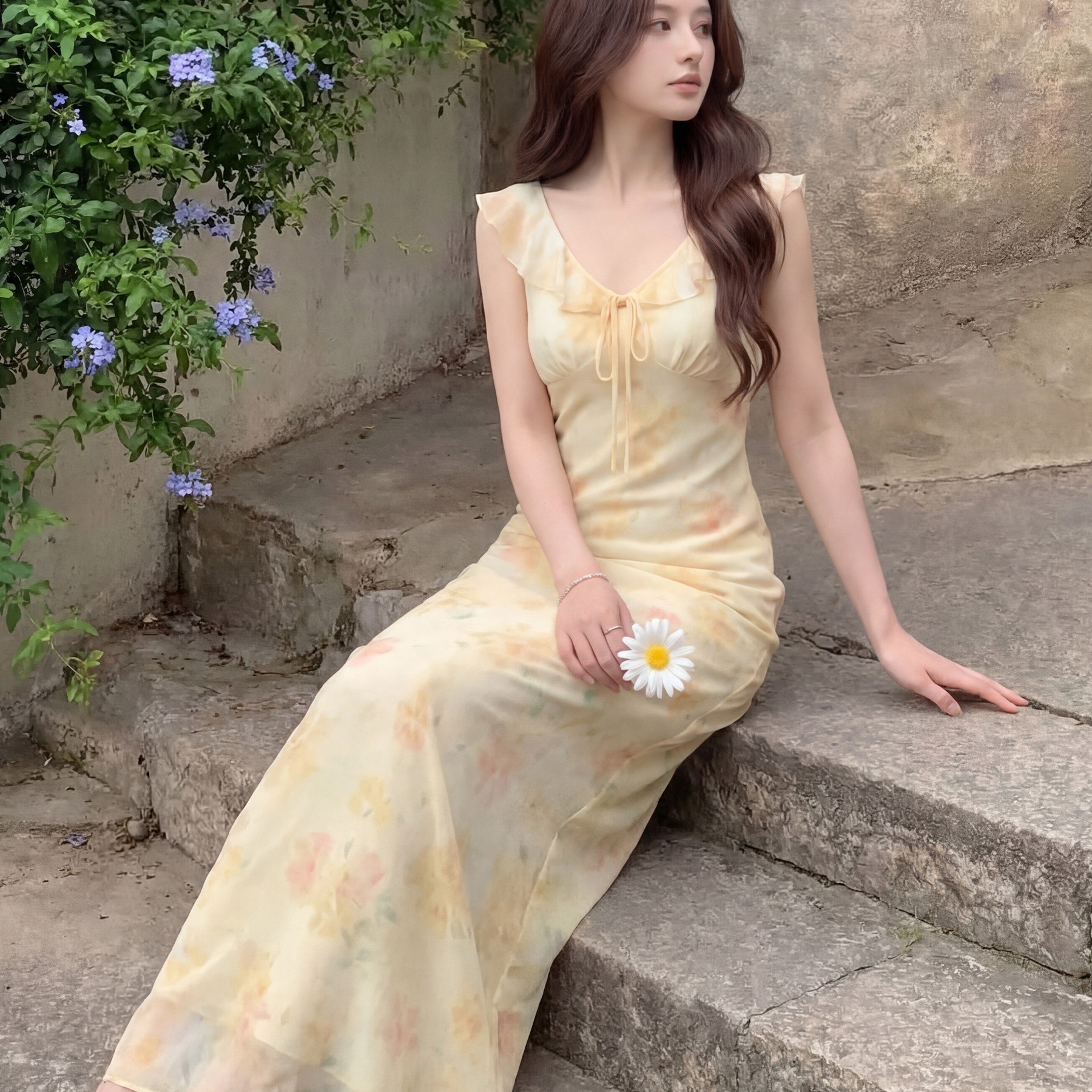 M0728 light yellow French casual floral dress women's 2026 new summer design waist temperament suspender dress