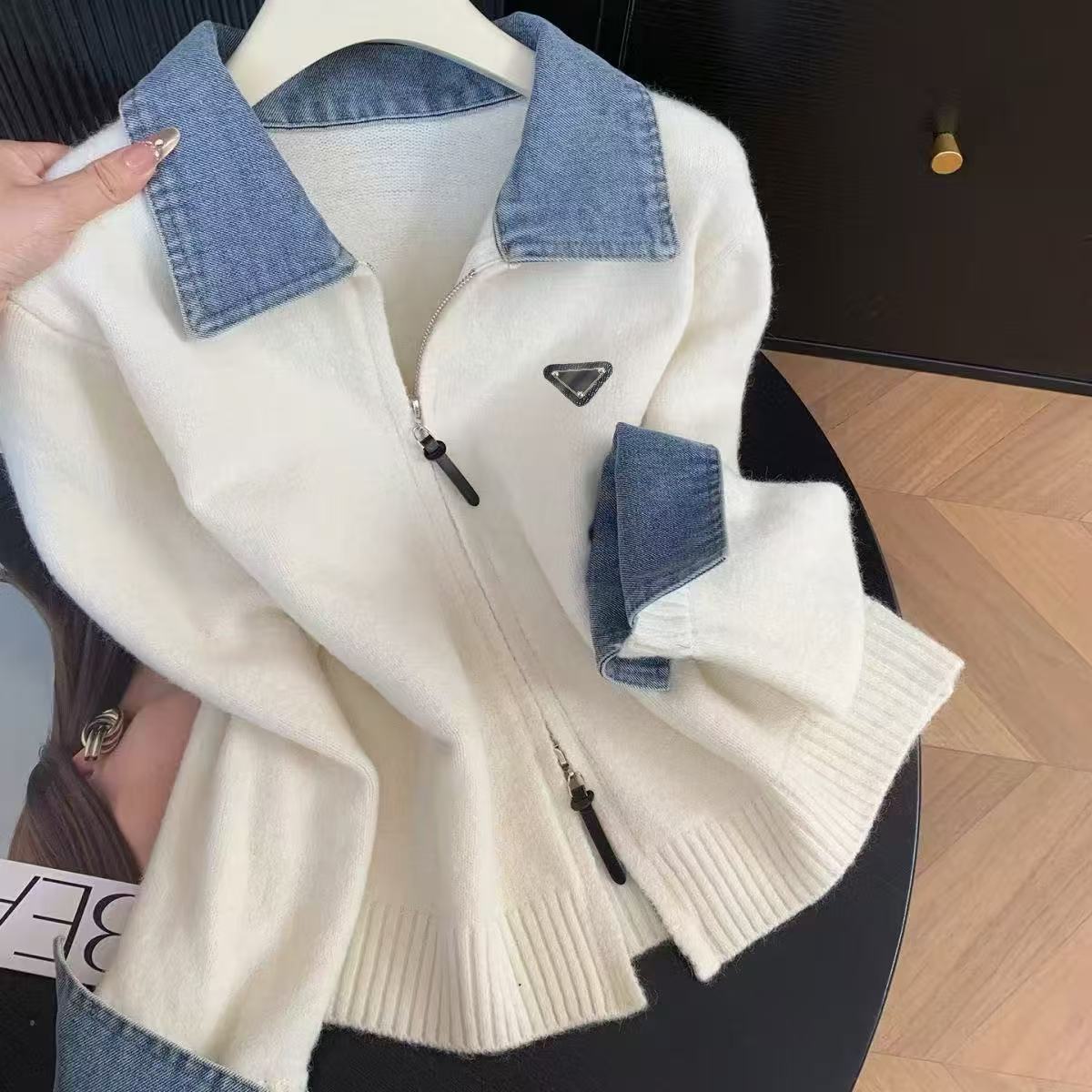 European goods autumn and winter new classic plaid color collision round neck long sleeve old flower light luxury fashion knitted cardigan sweater f