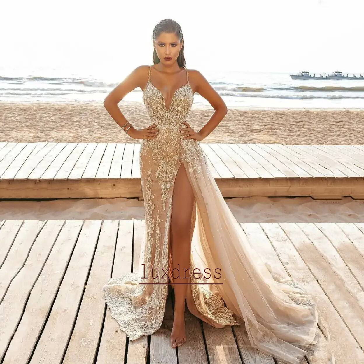 Luxdress Dresses New Arrival Fashion Sexy Suspender Casual Lace Hollow Out Elegant Split Gown Sleeveless Ladies Temperament Evening Dress