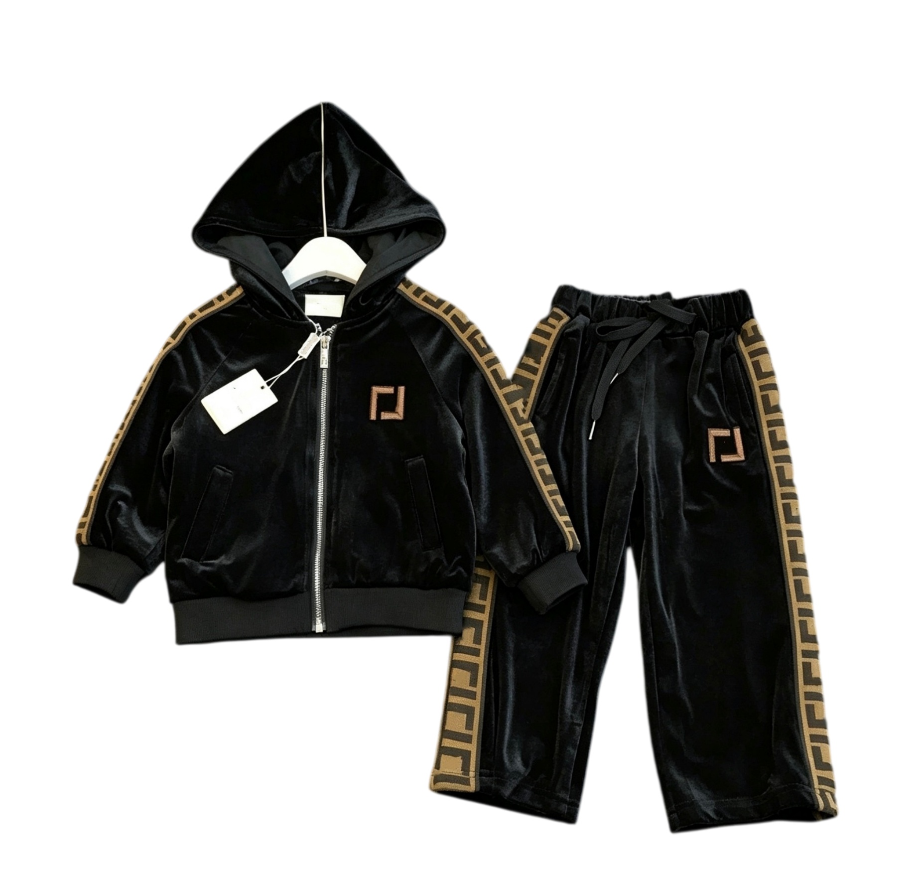 Designer children velvet clothes sets kids letter Jacquard woven long sleeve jacket with pants 2pcs Kids autumn casual outfits Z1989
