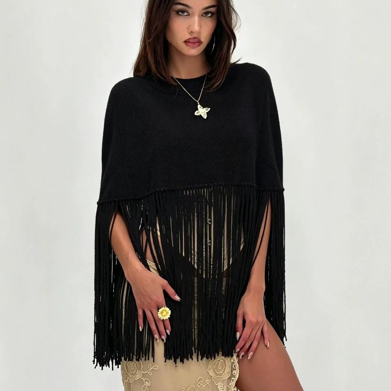 Poncho à pompon tricoté à col montant pour femme, Cape en tricot légère et solide avec longues franges, haut châle polyvalent décontracté et de f