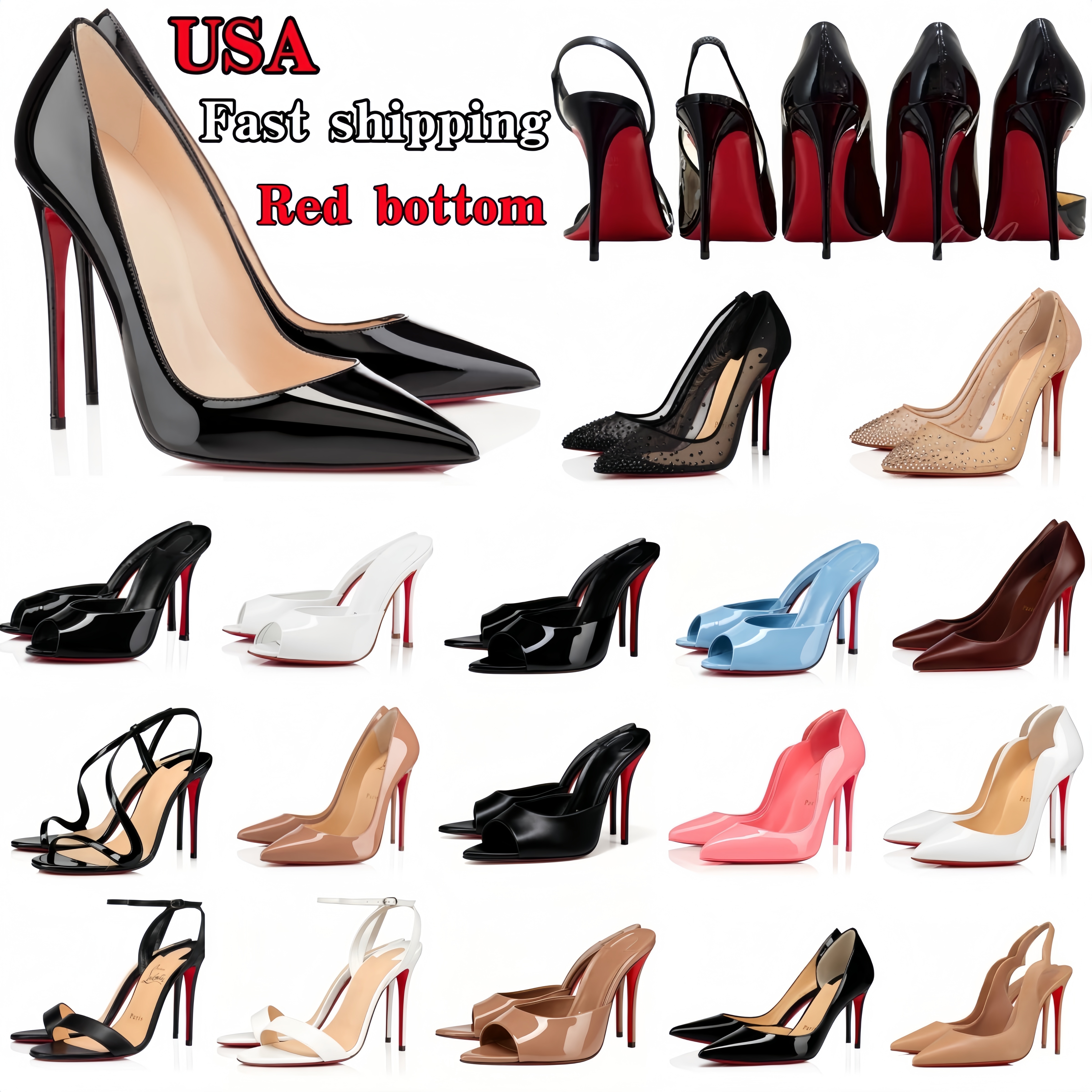 Chaussures à talons rouges de marque pour femmes, talons hauts, sandales à bout ouvert, 6cm, 8cm, 10cm, 12cm, styliste de luxe, nu, noir, cuir ve