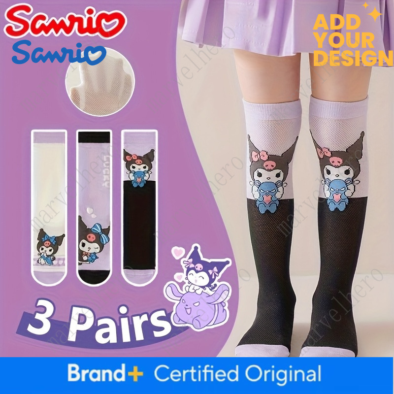3Pairs Sanrio Kuromi Girls Kids Knee High Spring Summer Thin Breathable Mesh Cartoon Anime Cute Long Student Socks Japanese Style Gift