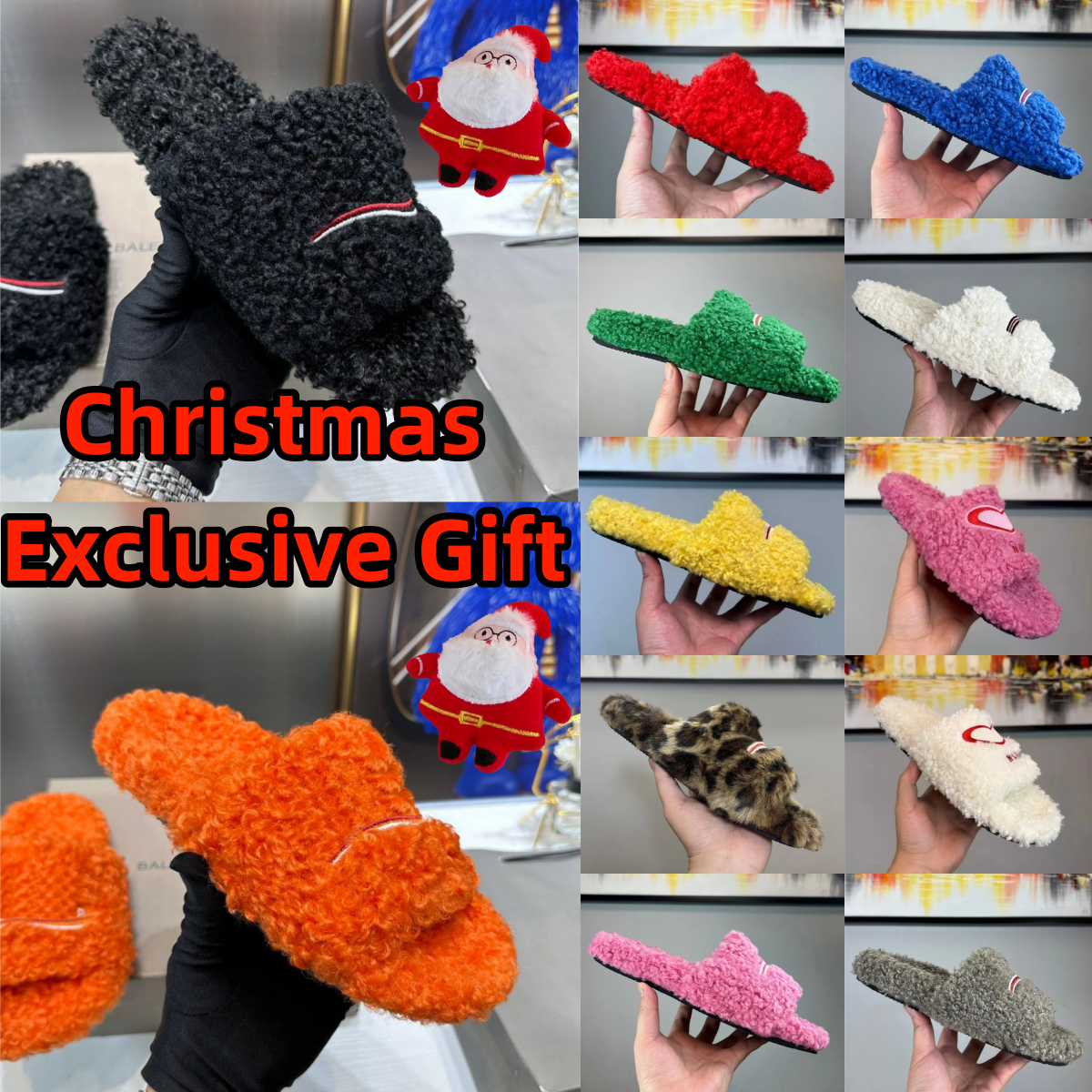 Luxe Hommes Femmes Noël Furrys Slides Designer Fluffy Coton Pantoufles Coussins Semelles Souples Confortables Chaussures De Maison Chaudes Amoure