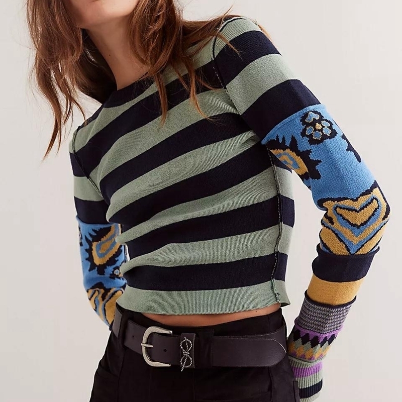 Women's Y2K Vintage Striped Print Contrast Color Pullover Tops Long Sleeve Crew Neck Slim Fit Shirt Cropped Knitwear Sweater 260915