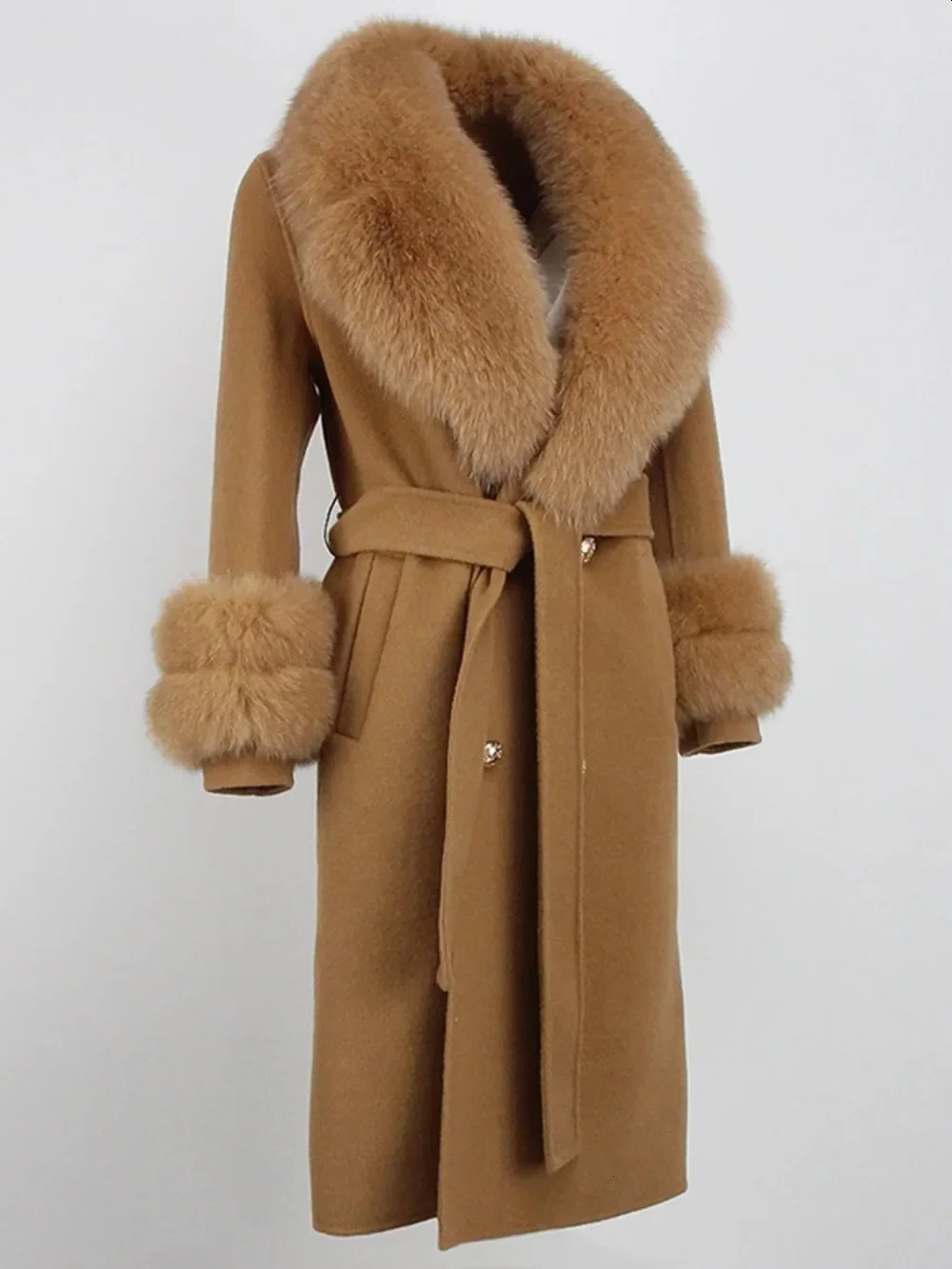 Real Fur Coat Long 2024 Winter Jacket Womens Natural Wool Blended Cashmere Double Chest Strap Warm Streetwear Fashion 240824