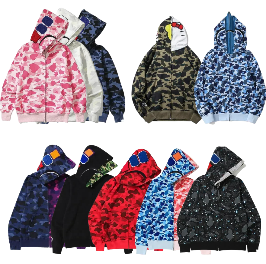 High Quality bapelids Hoodie Bathing Ape Full Zip Jacket Oversized Breathable cotton Shark Long Sleeve for men women designer clothes
