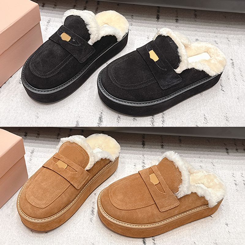 Designer Women Backless Loafers Suede Thick Soled Sheepskin Slippers Furry Winter Warm Slippers Loafers 1181