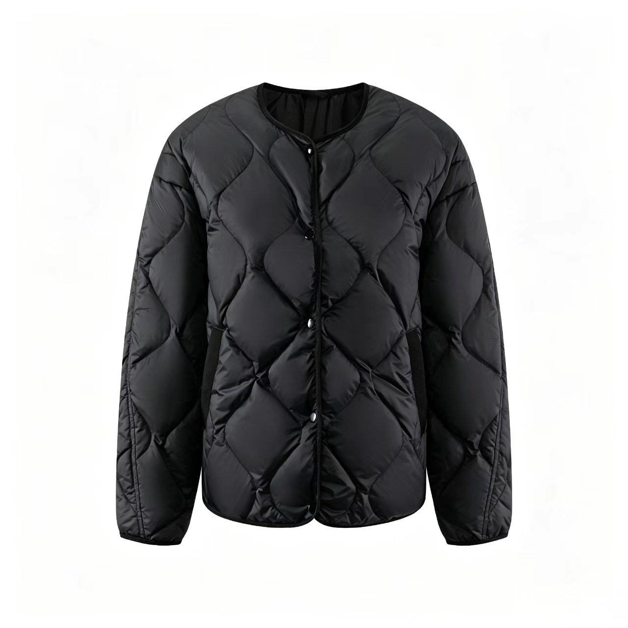 Lightweight Quilted Puffer Jacket Round Neck Button Down Warm Liner Coat
