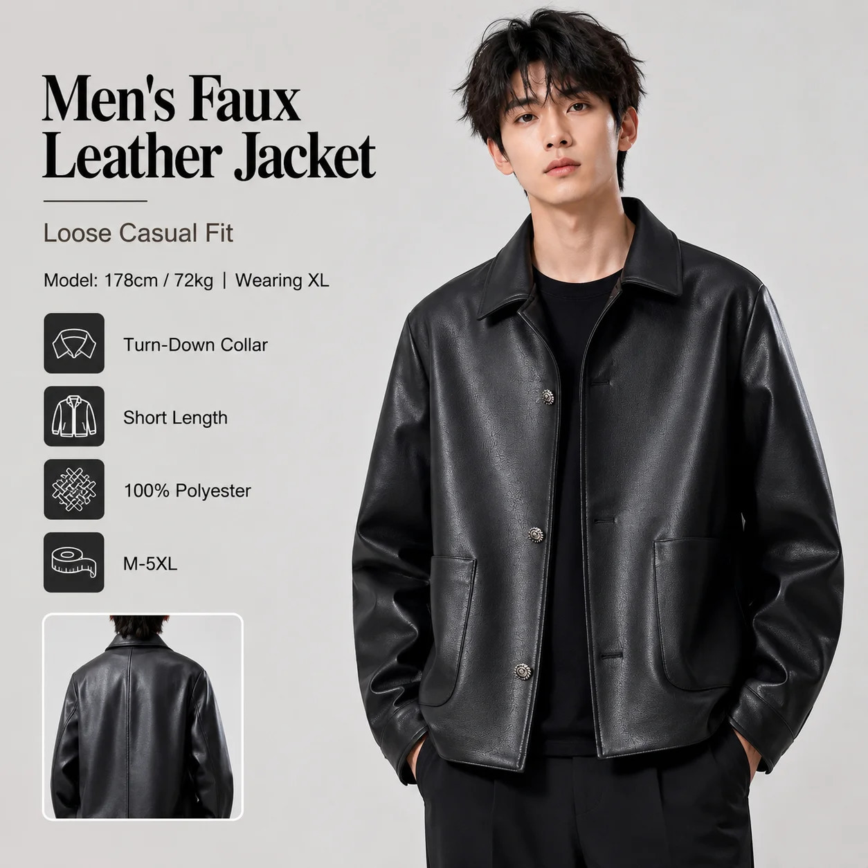 Men's Premium Faux Leather Jacket Cropped Boxy Fit Drop Shoulder Streetwear PU Coat Windproof Urban Casual Short Outerwear 260902