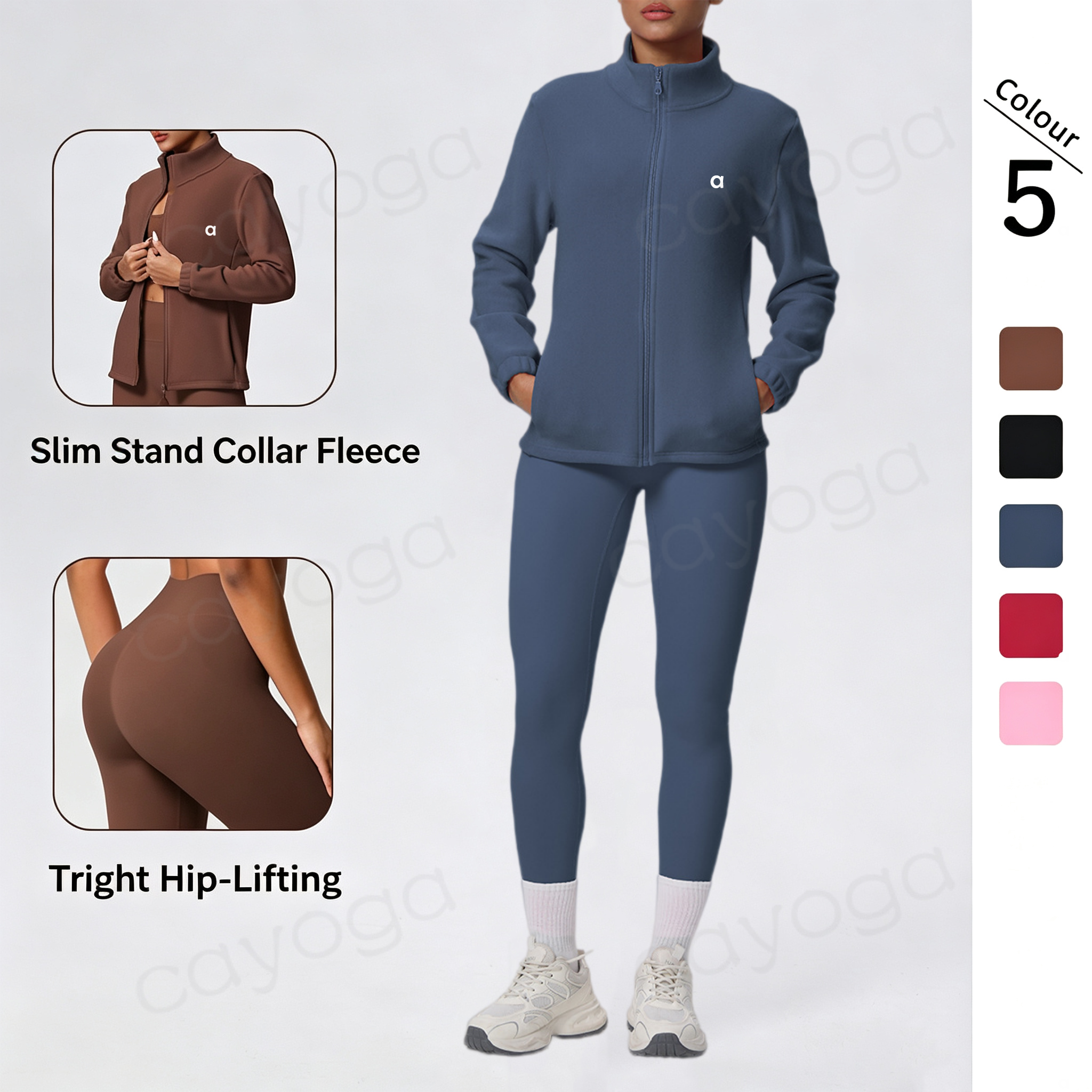 New Women Solid Color 2 Piece Yoga Set Fleece Lined Stand Collared Zip Up Casual Jacket Pockets High Waist Quick Dry Base Layer Leggings Outdoor Run