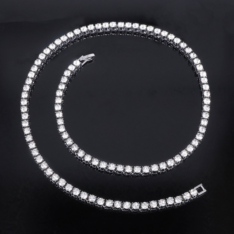 Simple European and American Hot Selling Moissanite necklace 4mm Tennis 925 Silver Cubic Zirconia Unisex Single Row Collarbone Chain Hip Hop Style N