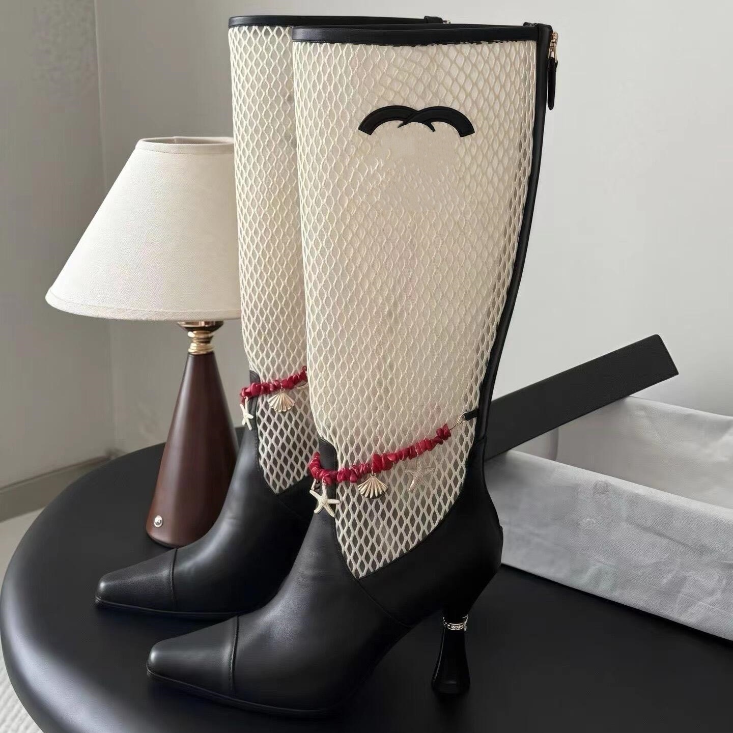 Shoe Designer Luxury Short Boot Lady High Heel Net boots Leather Charm Chain Metallic City Fashion Formal Dress Club Night Street Trendy Original De