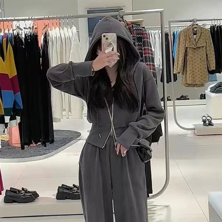M0726 Internet celebrity sportswear fashion suit women's spring and autumn new hooded sweater casual trousers two-piece set gray