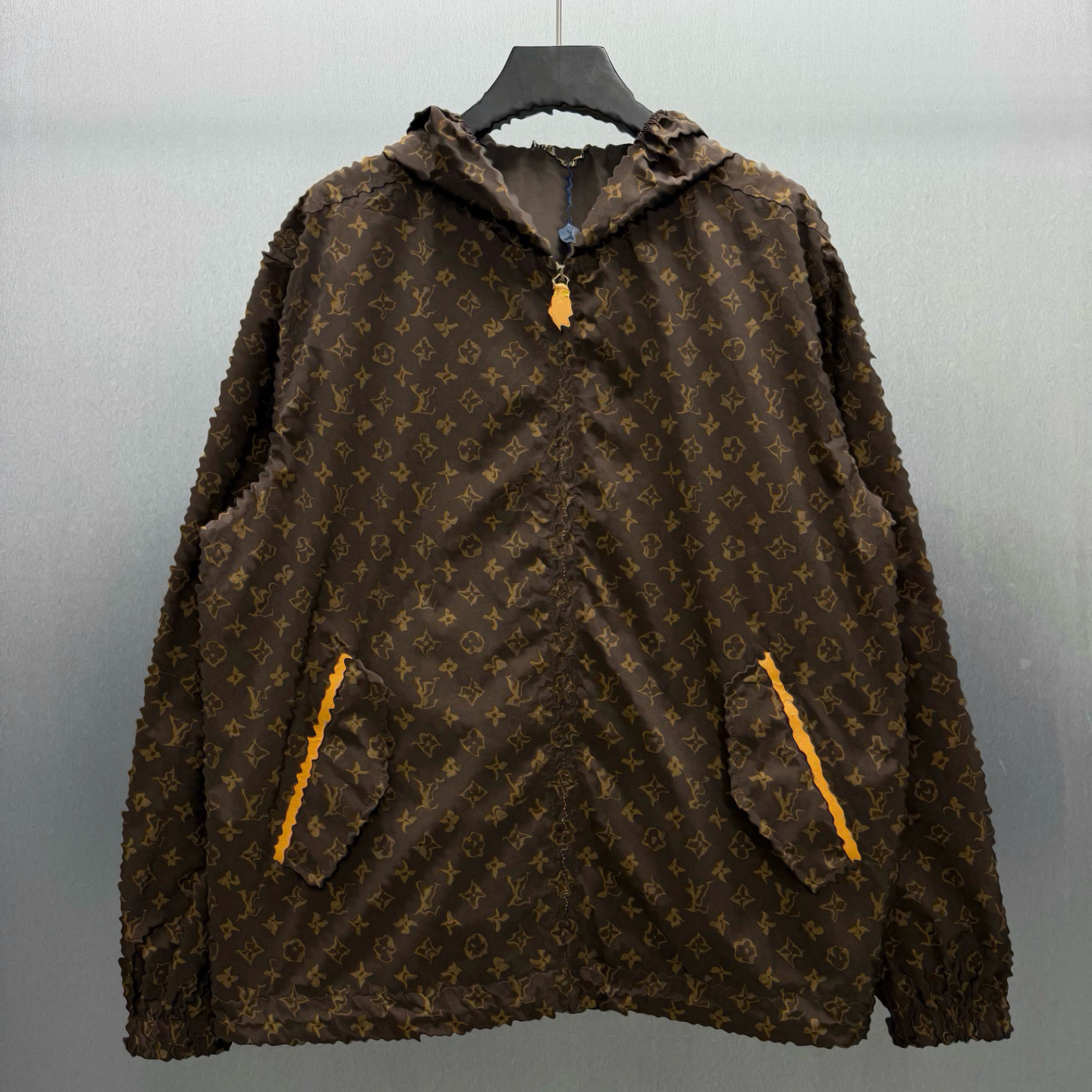 2026 autumn winter new fashionable full print patchwork leather hooded jacket casual waterproof and windproof zipper jacket Designer casual autumns