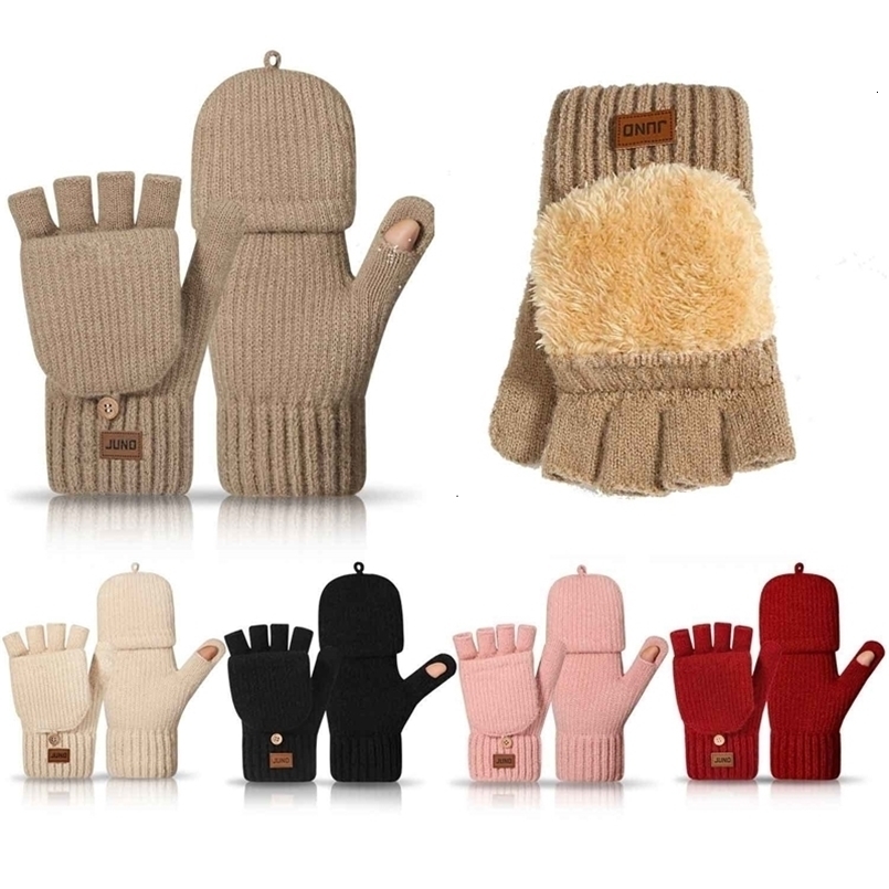 Womens Winter Knitted Gloves Foldable Mittens Convert to Fingerless Thick Plush Lining for Extreme Warmth Outdoor Wor 260907
