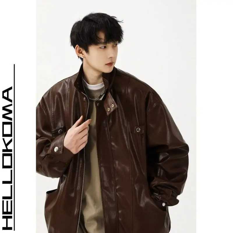 Gmiixder Men's American Loose Motorcycle Leather Jacket Trendy Versatile Couple Lapel Coat D260902 7c