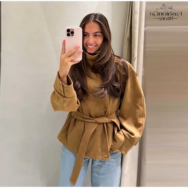 Faux Suede High Neck Camel Double Breasted Belted Jackets Vintage Balloon Sleeve Wide Cuff Outerwear 2026 Autumn Office Coats D260909