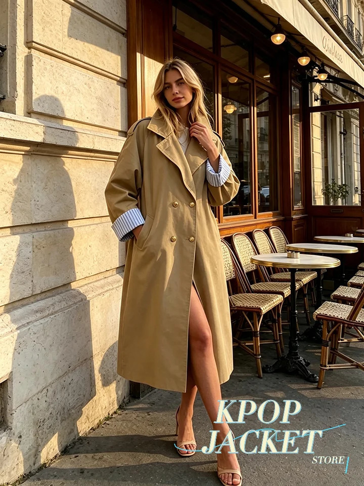 Women's Long Trench Coat In Khaki With Double-breasted Lapel Side Slits Fashionable Loose Fit Slimming 2026 Autumn Coat 260909