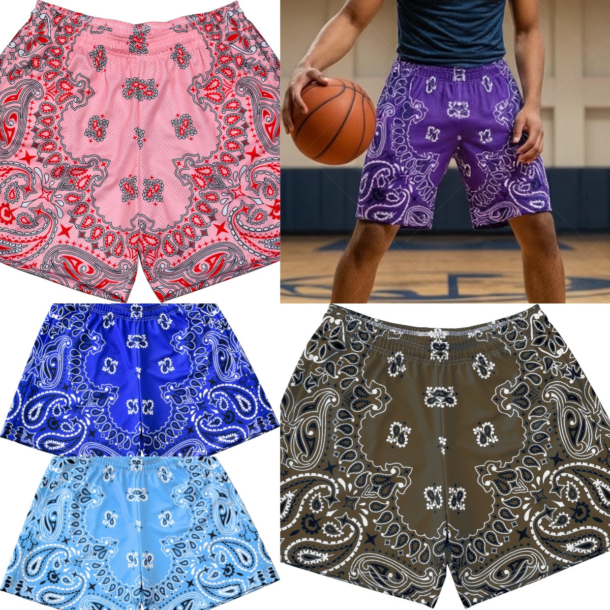 Designer unisexe Paisley Bandana imprimé short en maille lâche cordon de serrage taille respirant séchage rapide athlétique basket-ball pantalon