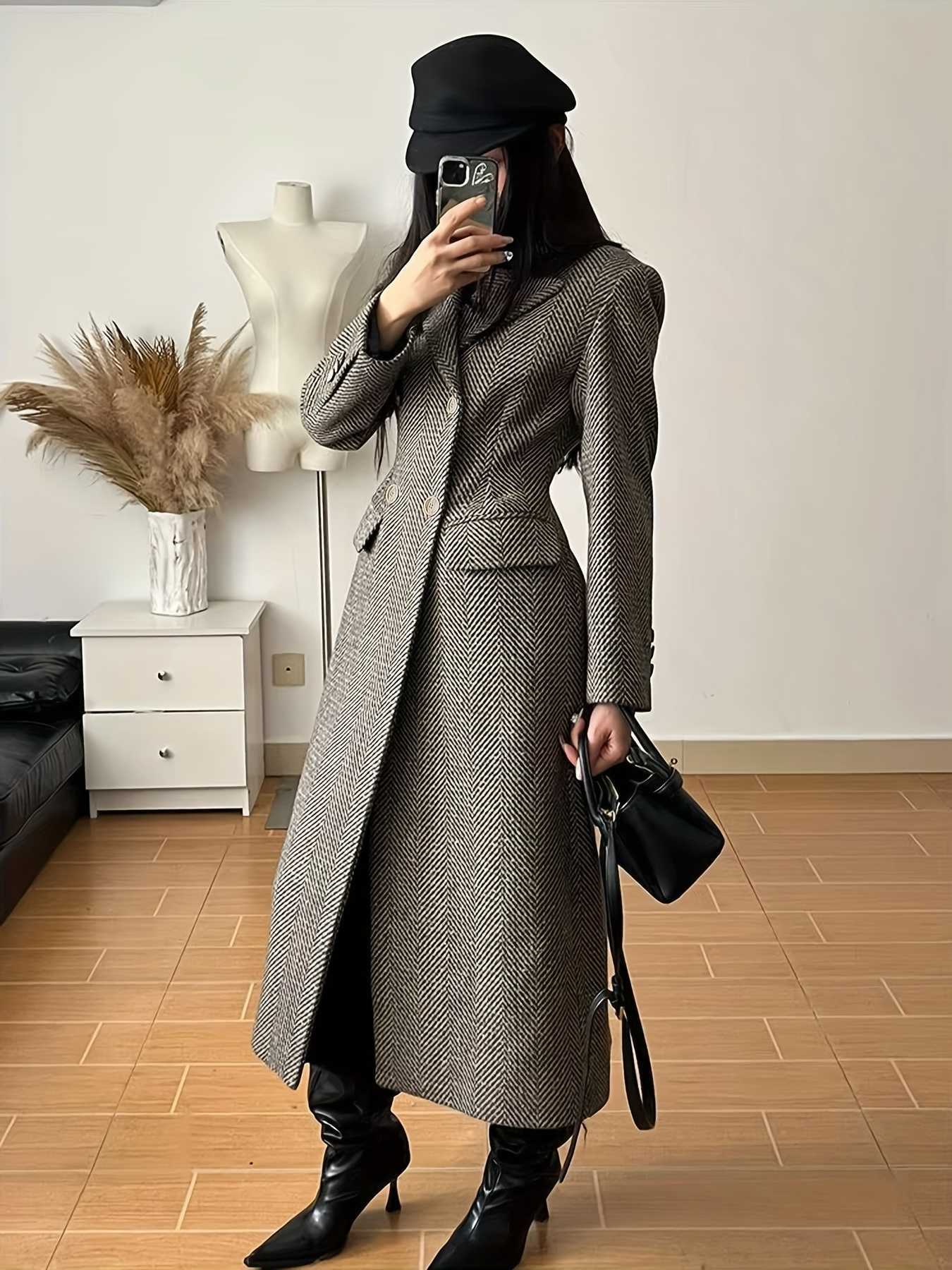 Overcoat Long Casual Women's Herringbone Warm Winter Trench Coat D260909