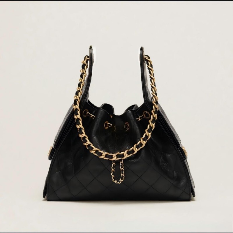 Designer Vintage Quilted Drawstring Bucket Tote Bag for Women Leather Feel Weave Chain Shoulder Handbag, Large Capacity Commute Hobo Purse