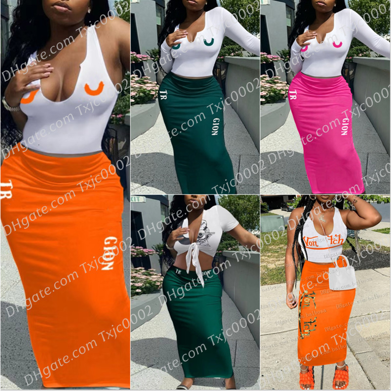 Designer Femmes 2 PCS Robes Eté Automne Deux Pièces Ensemble Lettre Imprimé Robe De Hanche Serrée Étreignant Gilet T-shirts Et Jupes Longues Tenu