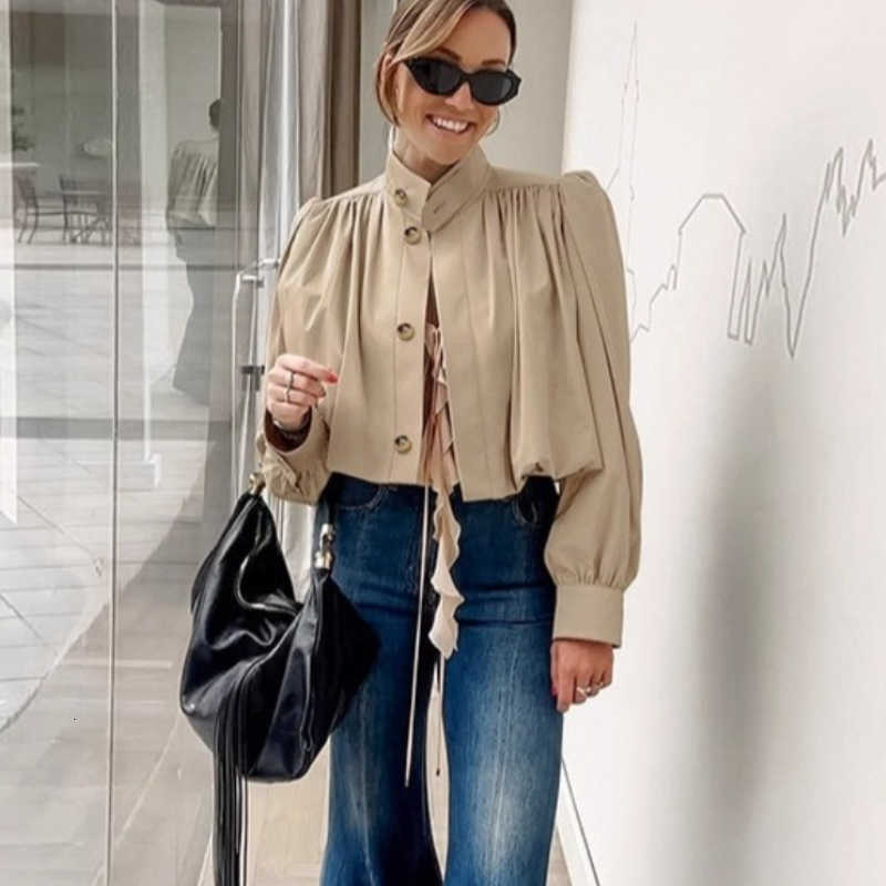 Sleeve Short TARUXY Puff Coat Women's Fashion Pleated Loose Solid Stand Collar Autumn 2025 Lady Outwears Street D260909
