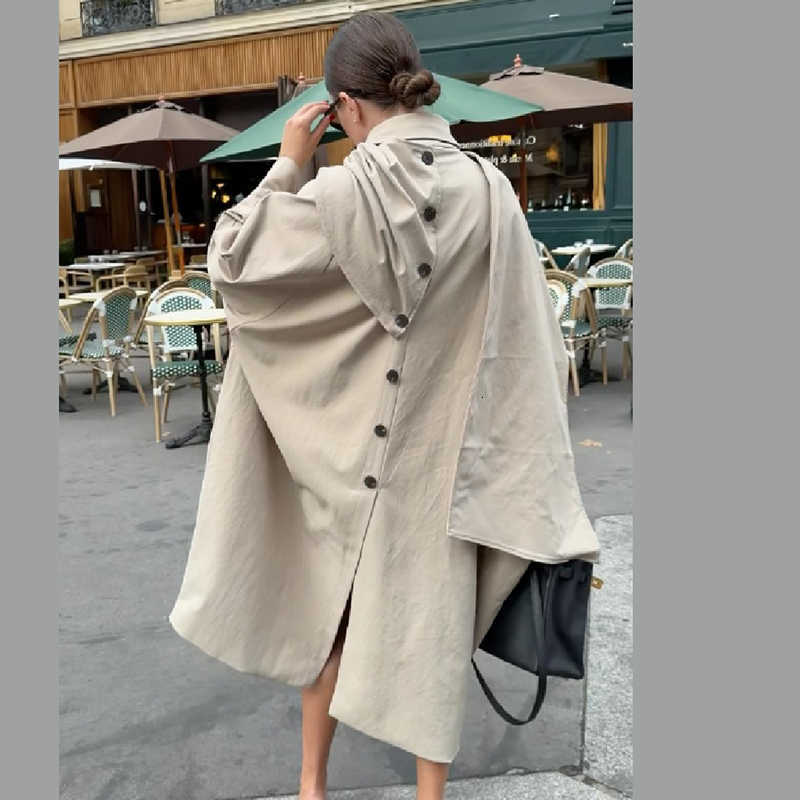 Chic Cape Windbreaker Women's Oversized Front Double Breasted Back Button Split Long Coat Fall Winter Loose High Street Overcoat D260909