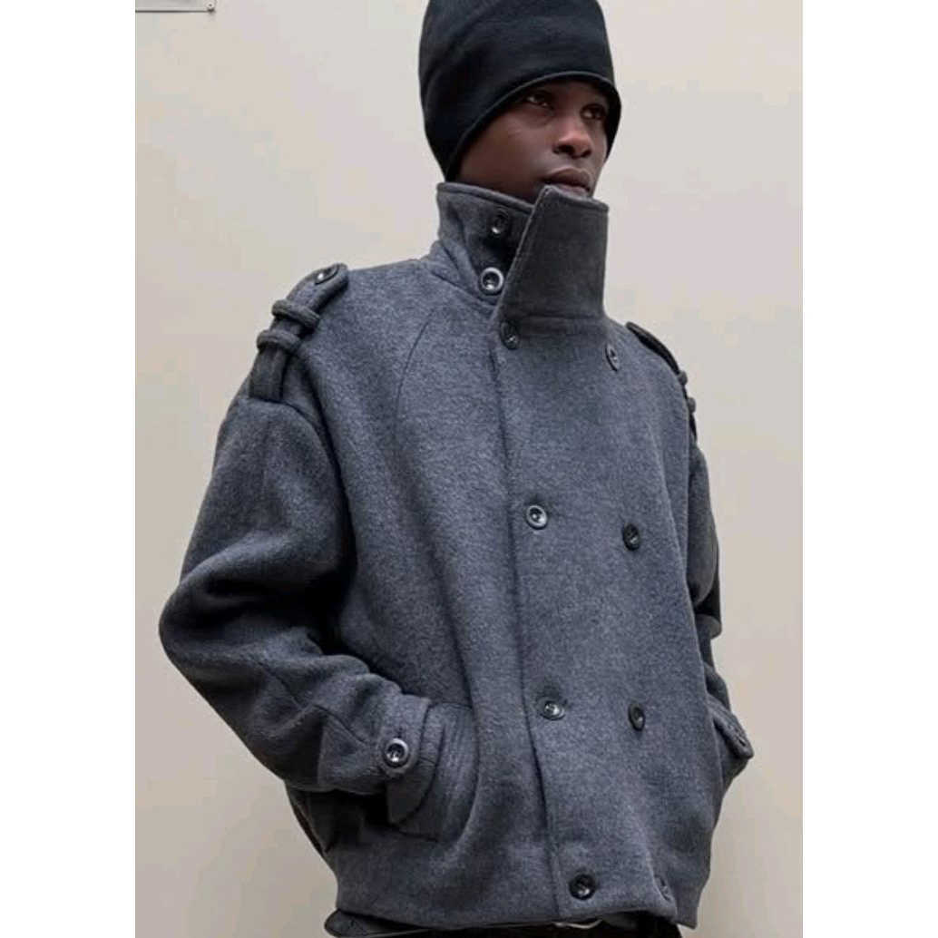 Wool Jacket Oversize Stand Men Collar Double Breasted Short Woolen Coat Loose Winter Thick Warm Outerwear Male Streetwear Jacket D260909
