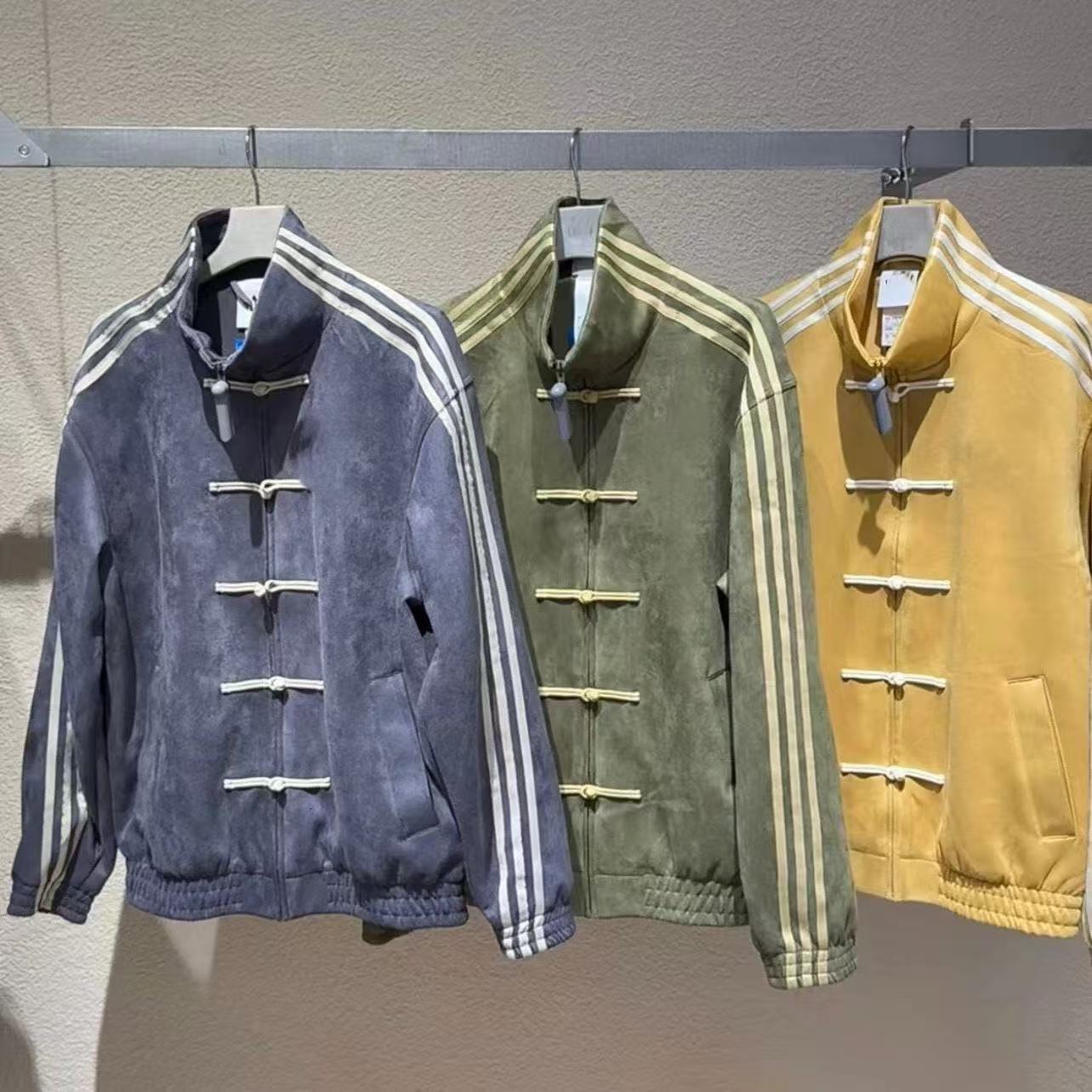 New Chinese-style buckle-embellished suede jacket with three stripes, a high-end, loose-fitting casual sporty design for both men and women