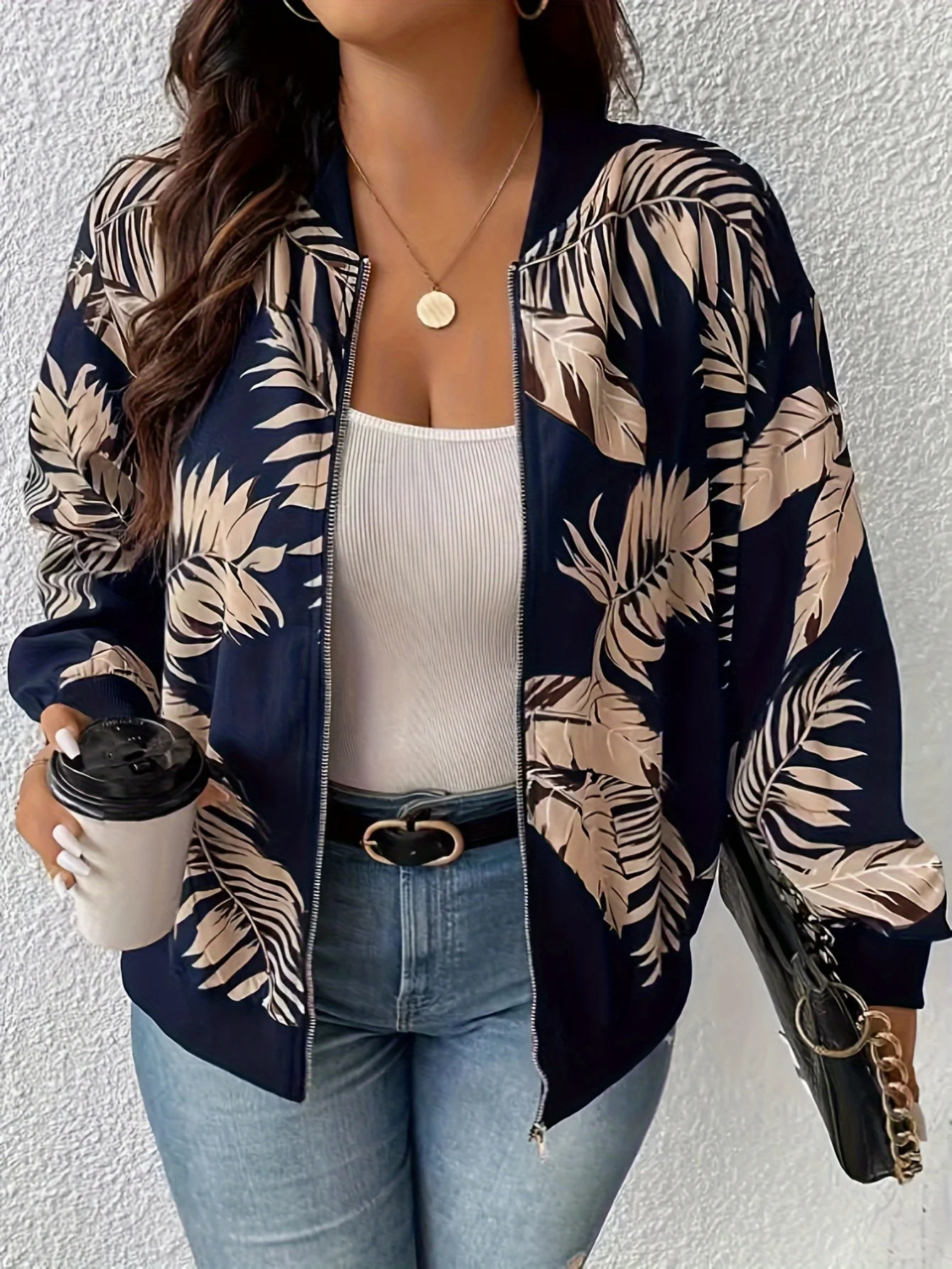Plus-Size Fashion Casual Baseball Collar Jacket With Floral Print 260909