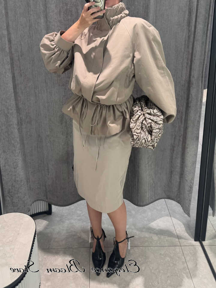 Ruffled Women Cropped High Neck Lantern Long Sleeve Loose Stand Collar Short Coat Lady Autumn New Daily Outfit D260909