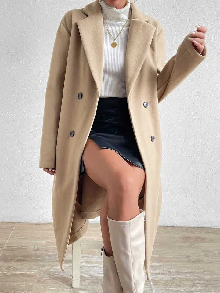 Casual Ladies Autumn Fashion Winter Lapel Double Button Coat Commute Style Big Coat for Women D260909