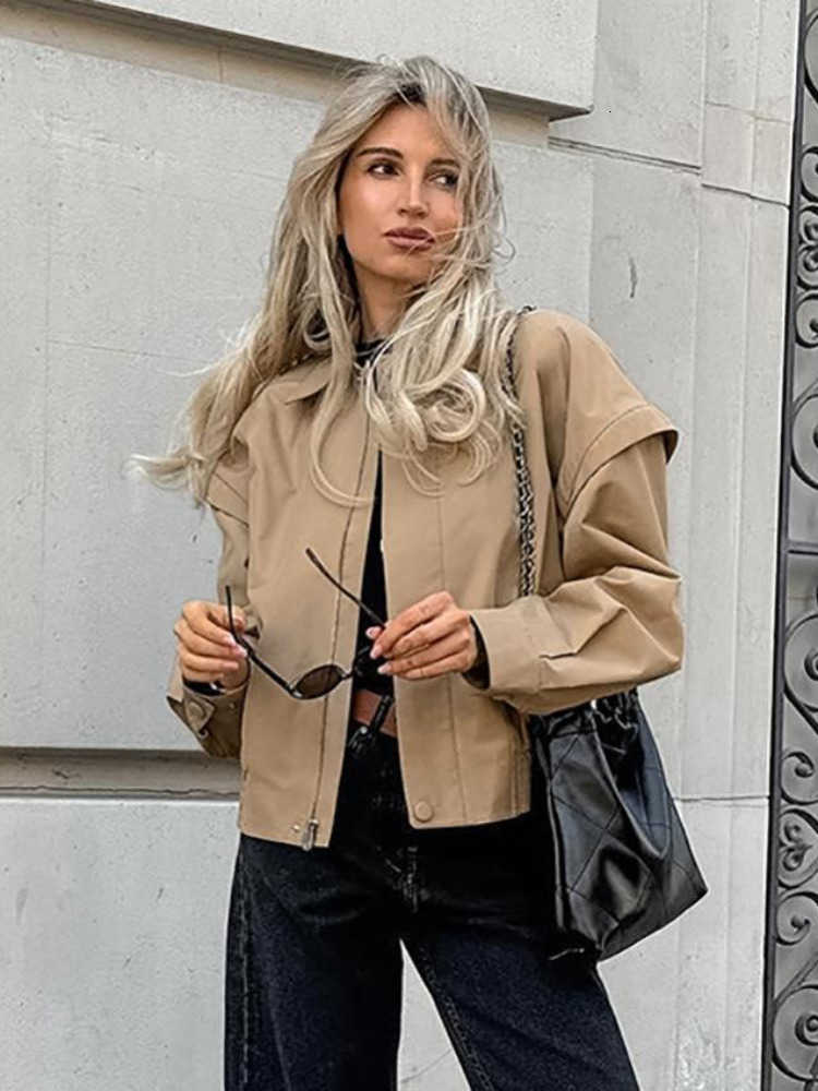Coat Lady Trench Khaki Short Lapel Long Sleeve Zipper Up Snap Button Cropped Windbreaker 2026 Autumn New Casual Women Outfits D260909