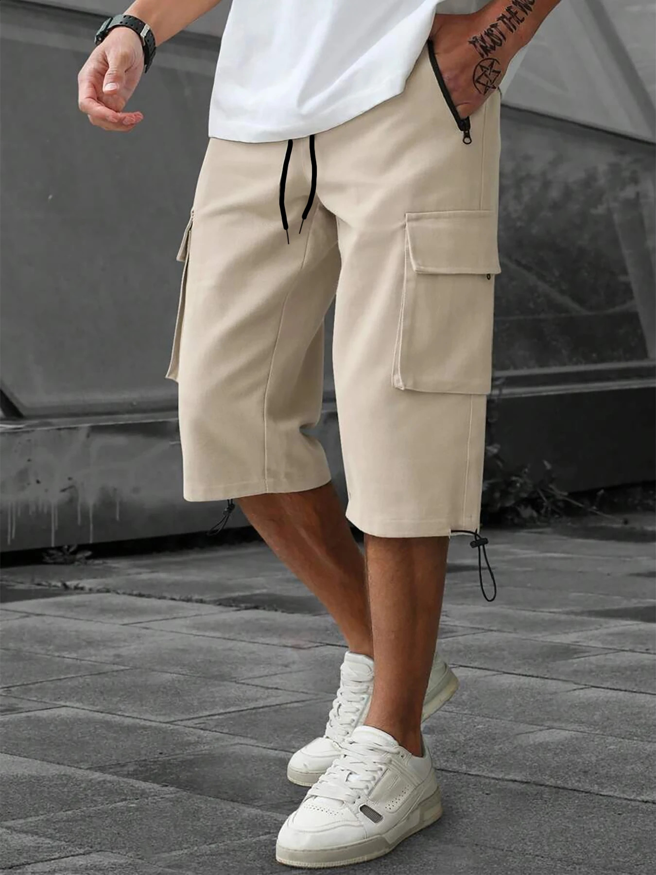 Men's 3/4-Length Cargo Shorts Woven Twill Fabric Multi-Pocket Casual Trousers. Non-Stretch Adult Apparel for Summer 260909