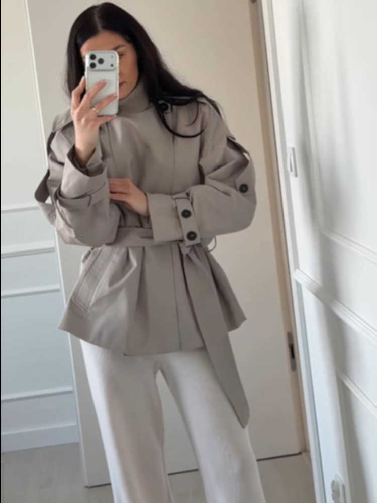Autumn Winter Street Solid 2026 Women's Wind Breaker Full Sleeve Lace Up Lapel Wait-Closed Lady Coats Female Streetwear New D260909