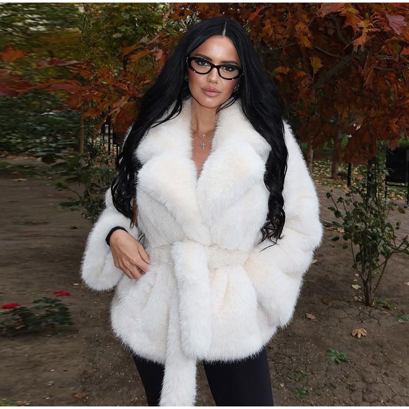 Women Lapel Faux Fur Coat Open Front Long Sleeve Loose Silhouette Mid Length Thick Warm Outerwear Elegant Fashion Jacket Suitable For Cold Season Da