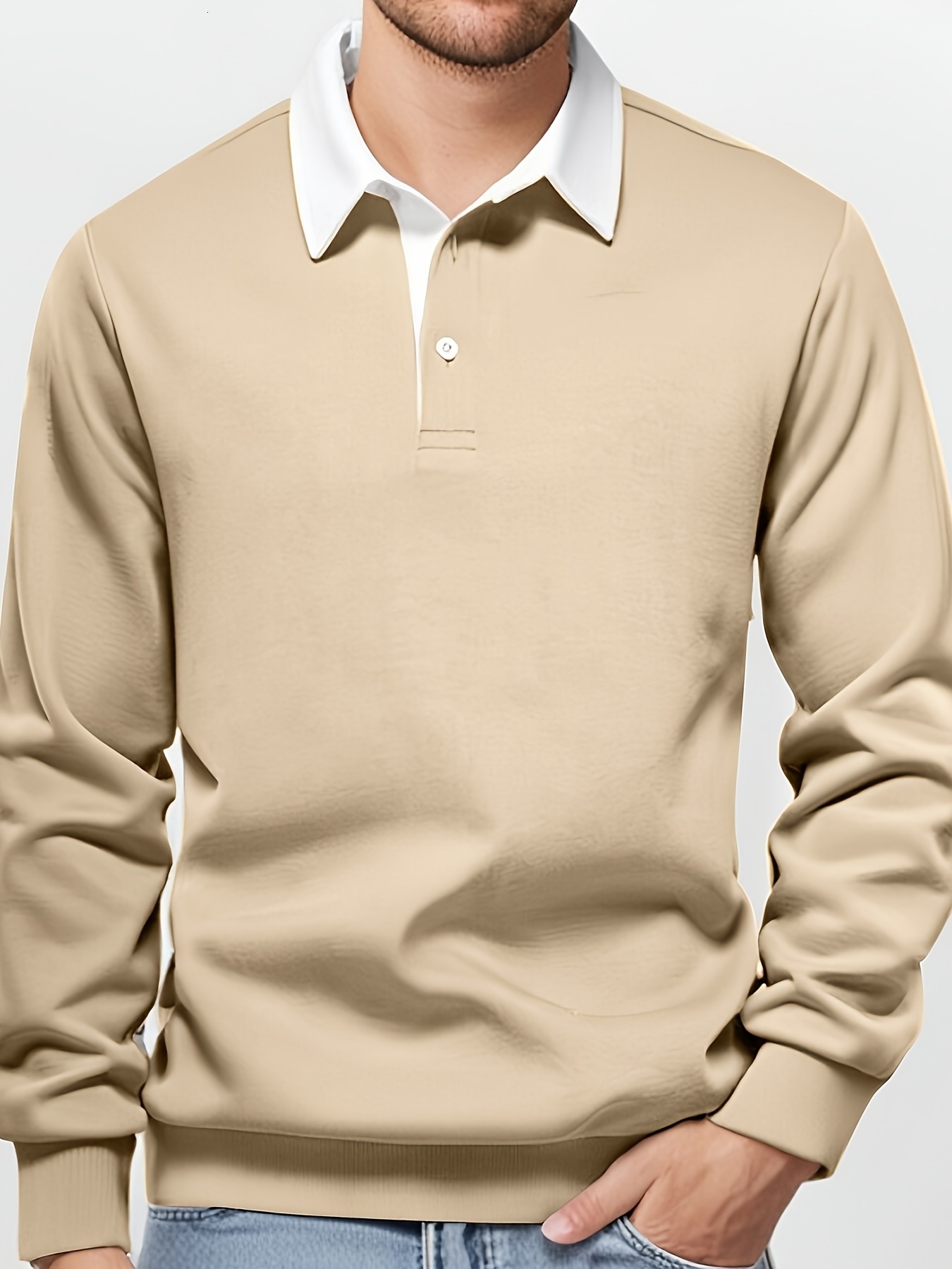 Designer Men's fashionable casual long sleeve color blocked POLO shirt featuring ribbed material at the cuffs and hem that maintains its shape
