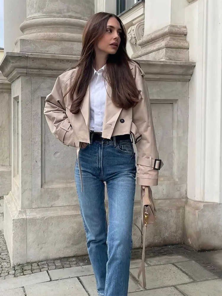 Short Corset Solid Trench Tie Coat Lady Notch Lapel Double-breasted Long Sleeve Straight Fit Commute Casual Wear 2026 New D260909