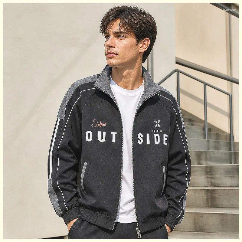 Men's Jackets Loose Cotton Jacket Autumn American Splice Print Stand Collar Zipper Casual Coat Streetwear Vintage Oversized Outerwear e9